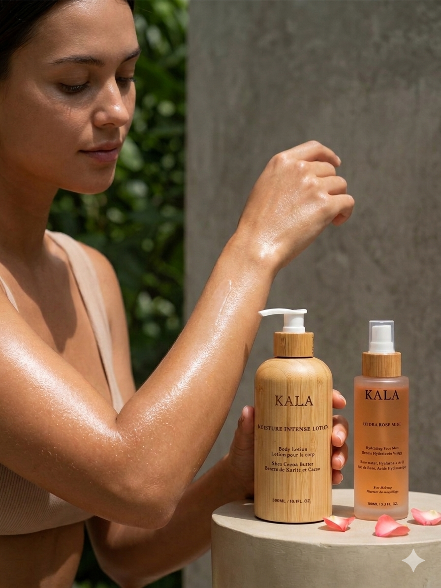 Woman applying Kala body lotion outdoors with a neutral background